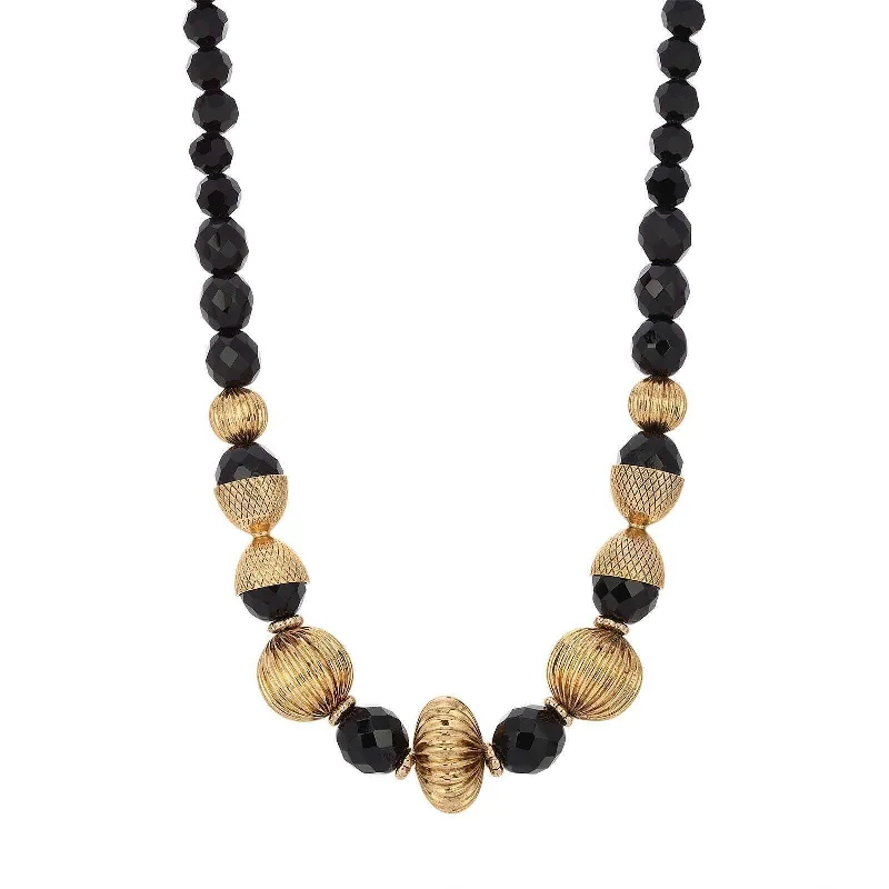 Women’s black diamond necklace-1928 Jewelry Black Fire Polished Strand Corrugated Bead Necklace 15" + 3" Extension