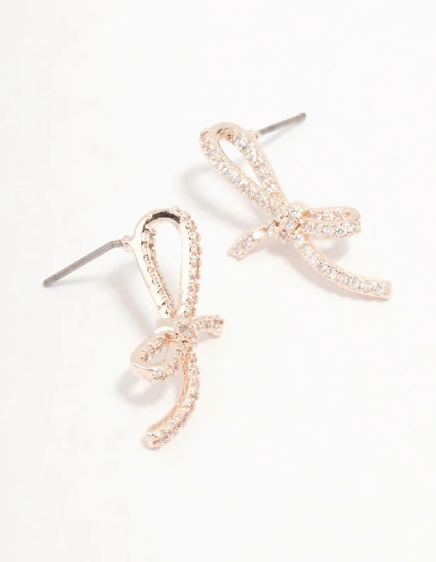 Women’s cz earrings-Rose Gold Plated Pave Set Cubic Zirconia Skinny Bow Stud Earrings