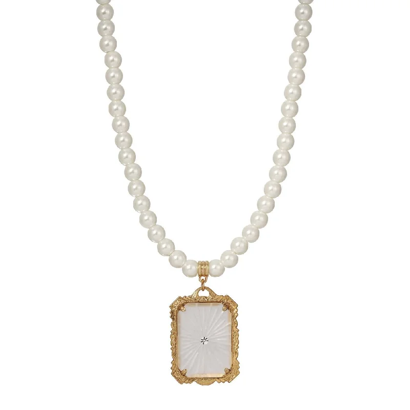 Women’s layered gold necklace-1928 Jewelry Frosted Lalique Glass Pendant 6mm Faux Pearl Strand Necklace 16" + 3" Extender