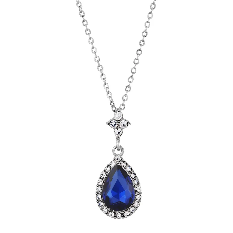 Women’s pearl necklace with silver-Regency Atlantic Blue Stone Teardrop Crystal Pendant Necklace 16" + 3" Extender