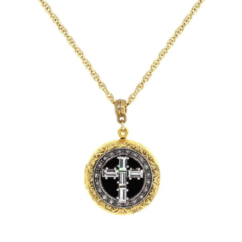 Women’s art deco necklace-1928 Jewelry Enamel & Baguette Crystal Cross Locket Necklace 16" + 3" Extender