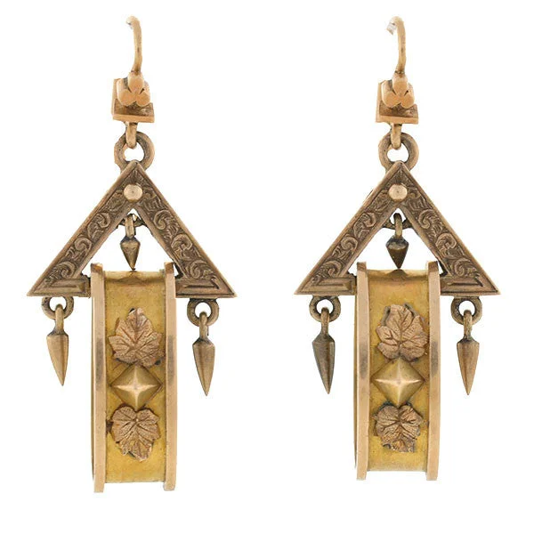 Women’s gold ball earrings-Victorian 15kt Gold Dangling Triangle & Hoop Earrings