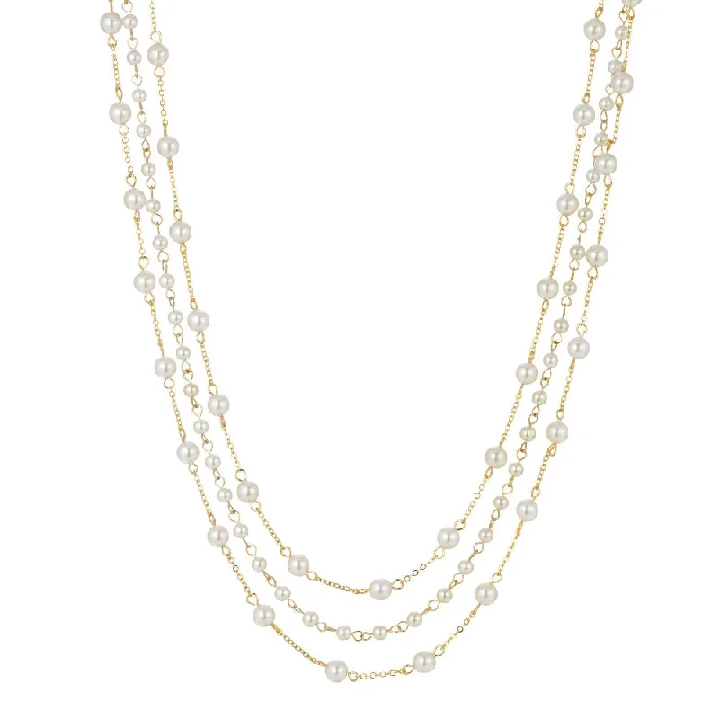 Women’s gemstone necklace-1928 Jewelry Three Strand 4mm Faux Pearl Chain Necklace 16" + 3" Extender