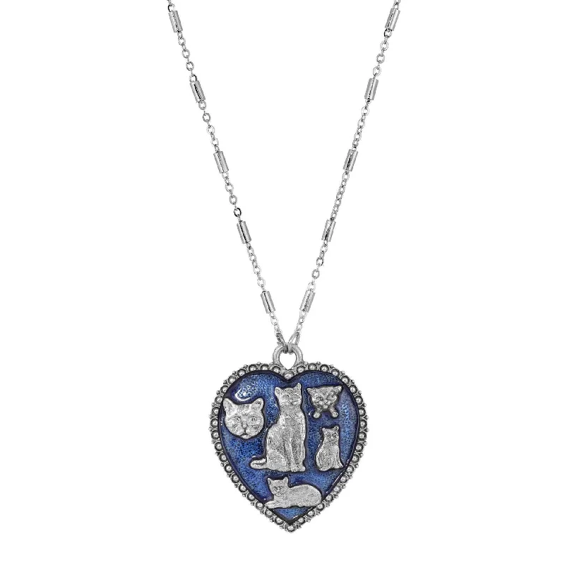 Women’s minimalist necklace-1928 Jewelry Blue Enamel Heart Clowder Of Cats Pendant Necklace 28"L