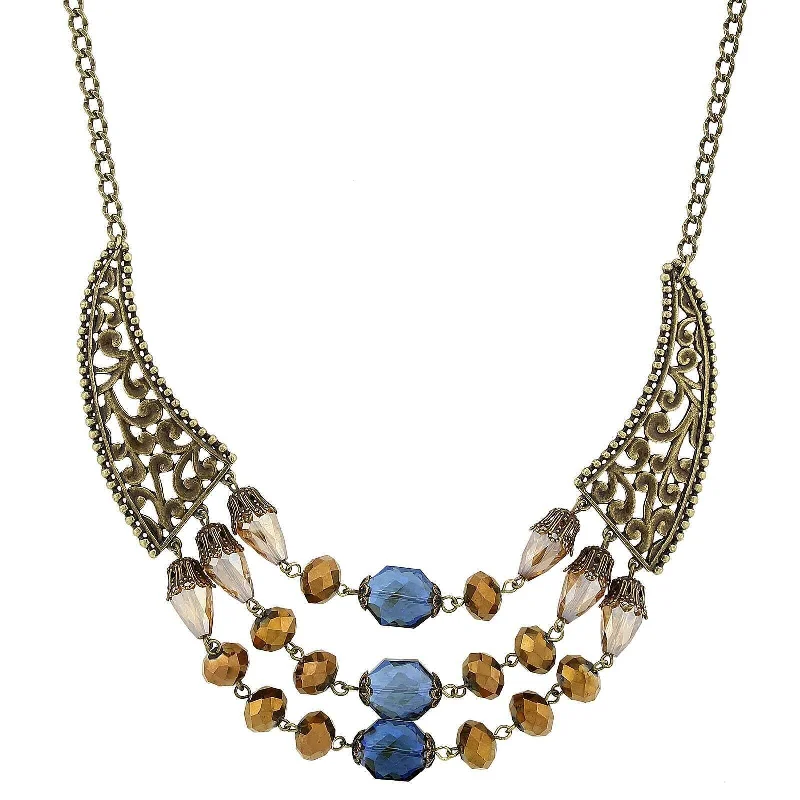 Women’s adjustable necklace-2028 Jewelry Burnished Brass Bronze Blue Light Topaz Bib Necklace 16" + 3" Extender