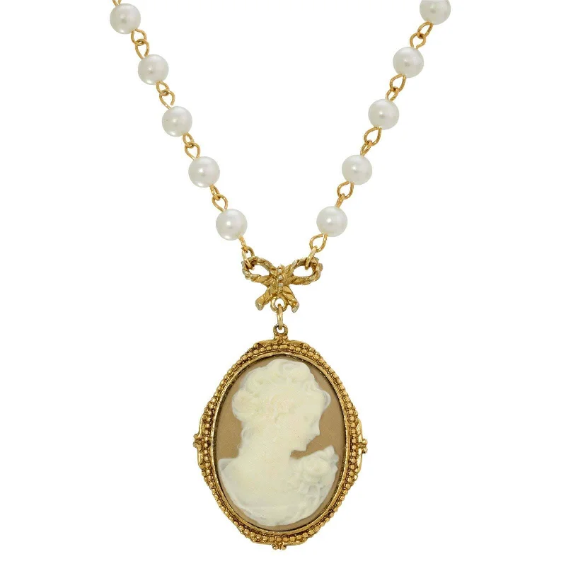 Women’s sun pendant necklace-1928 Jewelry Taupe Cameo White Round 6mm Faux Pearl Strand Pendant Necklace 16" + 3" Extender