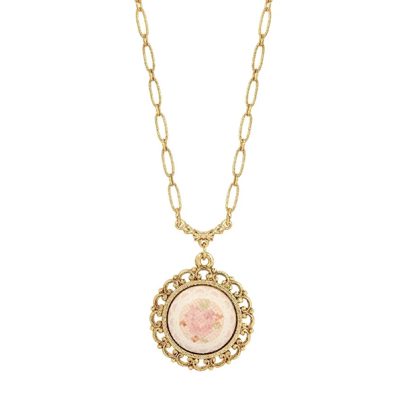 Women’s custom necklaces-1928 Jewelry Stitch Pattern Pink Rose Pendant Necklace 18"