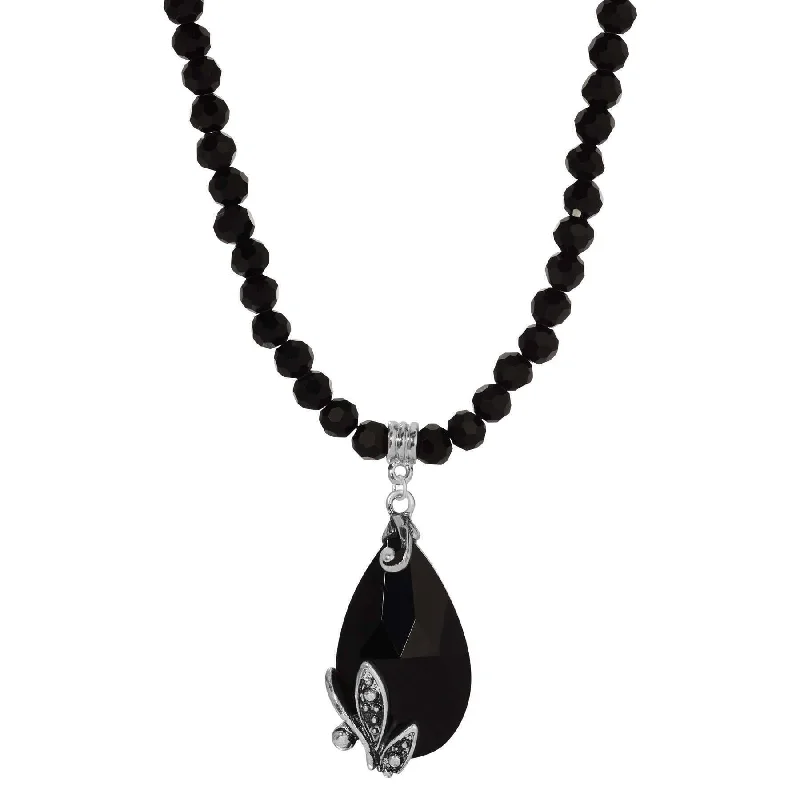 Women’s butterfly pendant necklace-Regency Regal Jet Black Teardrop Crystal Pendant Glass Bead Strand Necklace 15" + 3" Extender