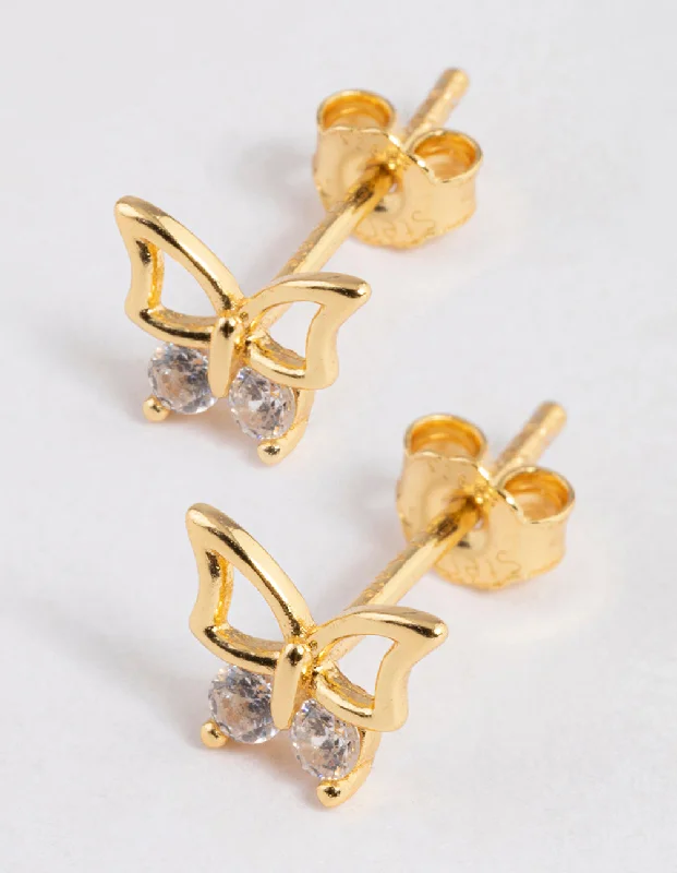 Women’s clip-on earrings-Gold Plated Sterling Silver Diamante Butterfly Stud Earrings