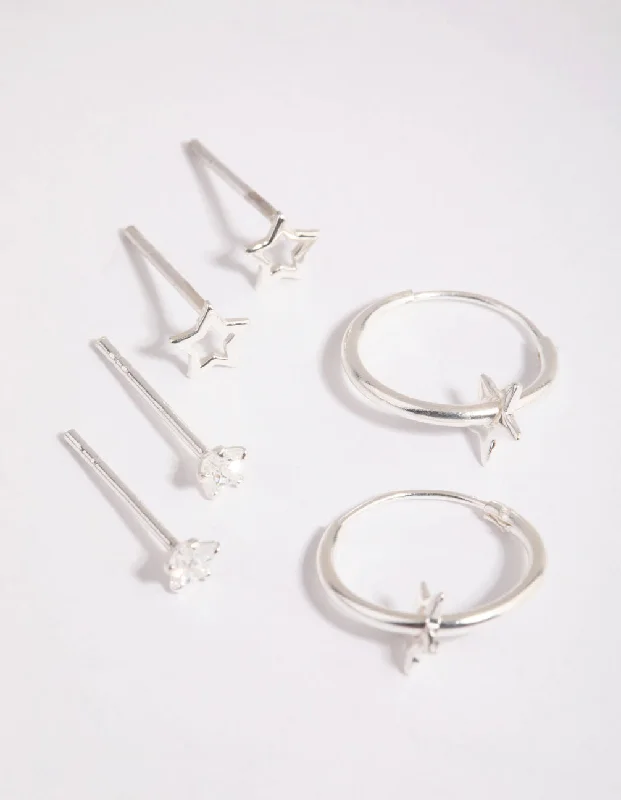 Women’s pearl earrings-Sterling Silver Star Stud & Hoop Earring Pack