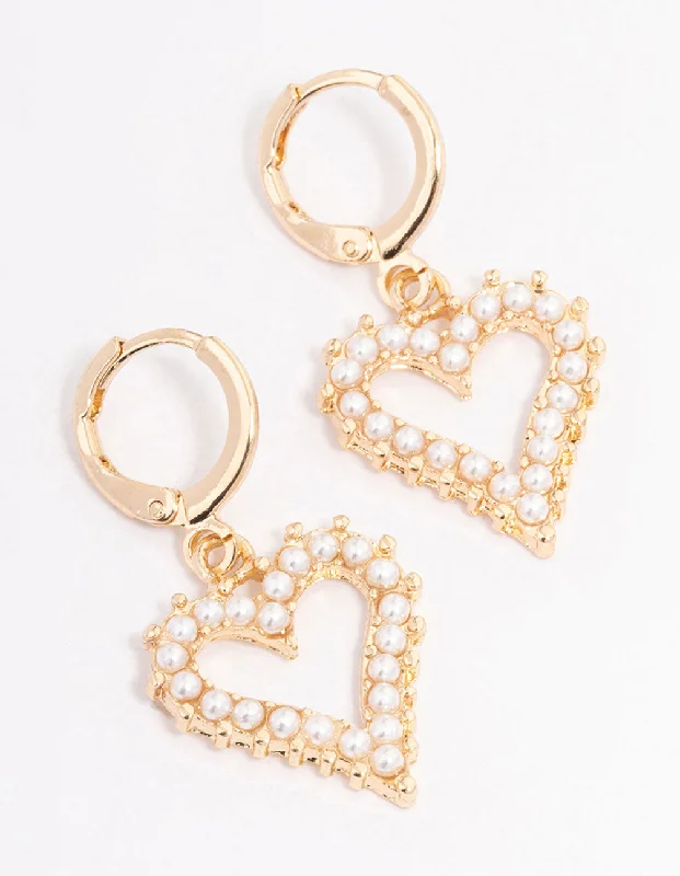 Women’s diamond drop earrings-Gold Pearl Heart Drop Huggie Earrings