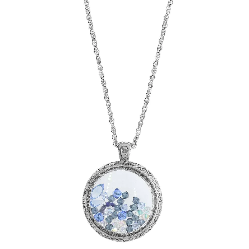 Women’s butterfly necklace-1928 Jewelry Pewter Round Glass With Blue Crystal Beads Pendant Necklace 30"