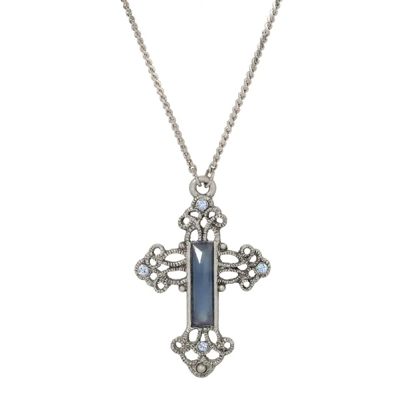 Women’s diamond and pearl necklace-Symbols Of Faith Rectangular Stone Filigree Crystal Cross Pendant Necklace 30"