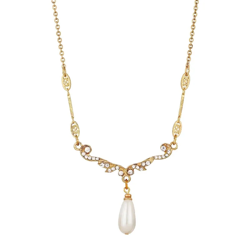 Women’s vintage crystal necklace-1928 Jewelry Edwardian Teardrop Faux Pearl Crystal Necklace 16" + 3" Extender