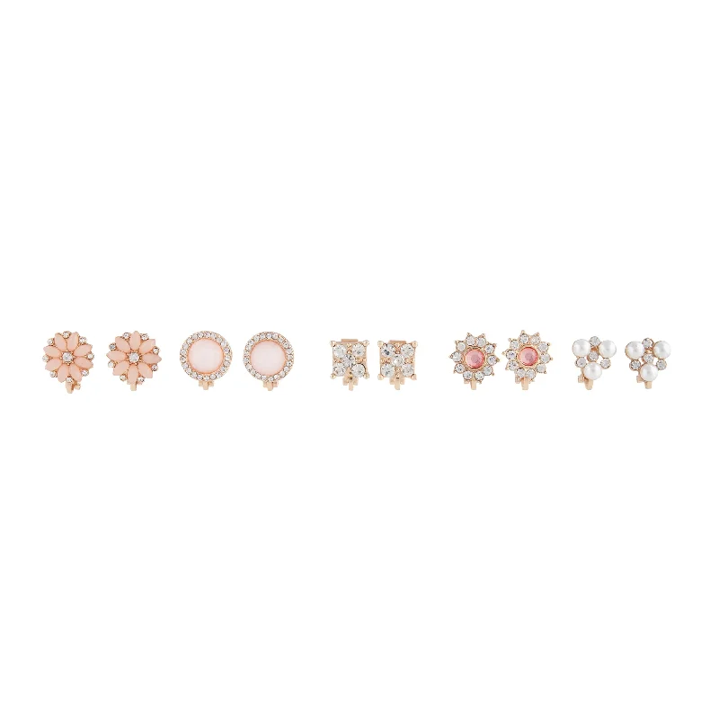 Women’s zirconia earrings-Pink Gold Floral Clip On Earring 5-Pack