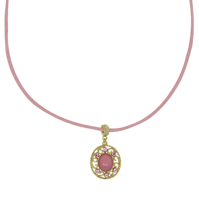 Women’s 14k gold necklace-1928 Jewelry Pink Moonstone & Crystal Pendant Faux Suede Choker Necklace 15" + 3" Extender