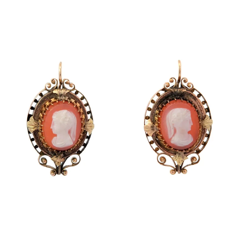 Women’s designer earrings-Victorian 14k Sardonyx Hardstone Lady Faces Cameo Earrings