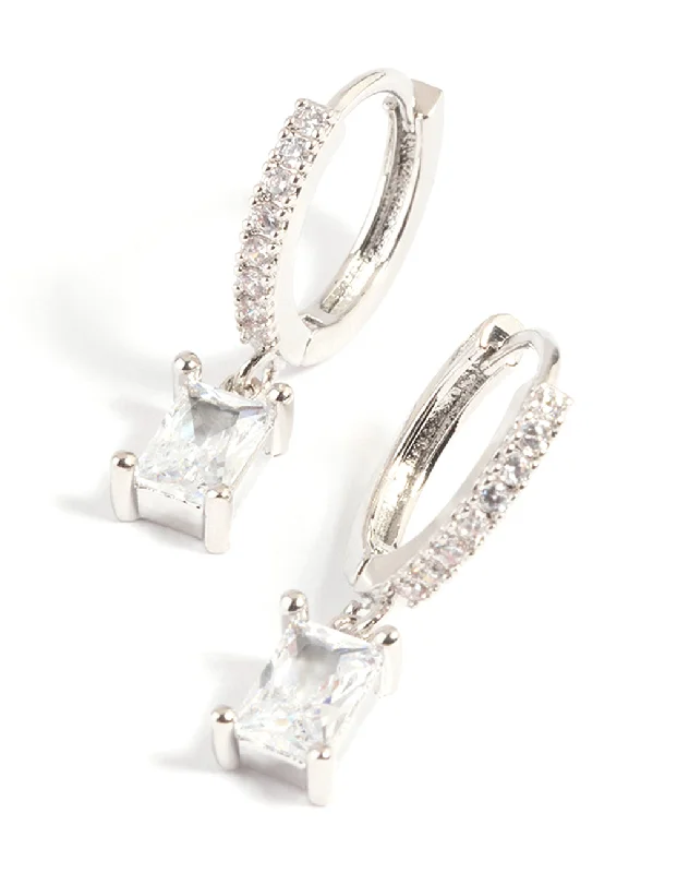 Women’s vintage diamond earrings-Silver Rectangular Cubic Zirconia Huggie Hoop Earrings