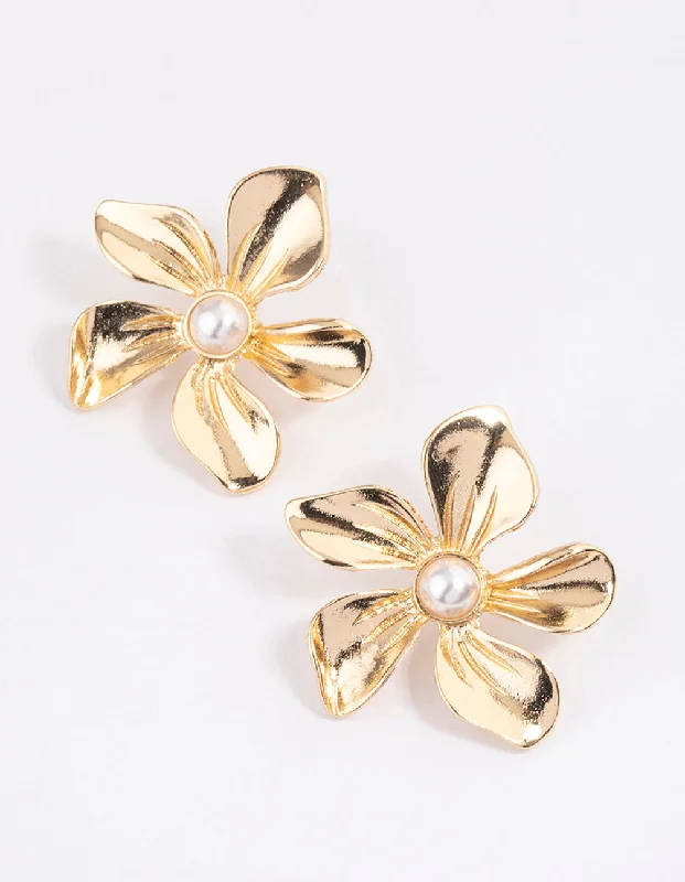 Women’s floral drop earrings-Gold Large Basic Flower Stud Earrings