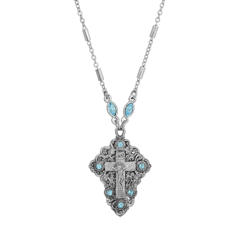 Women’s gemstone necklace-Symbols Of Faith INRI Crucifix Aqua Blue Crystal Pendant Necklace 16" + 3" Extender