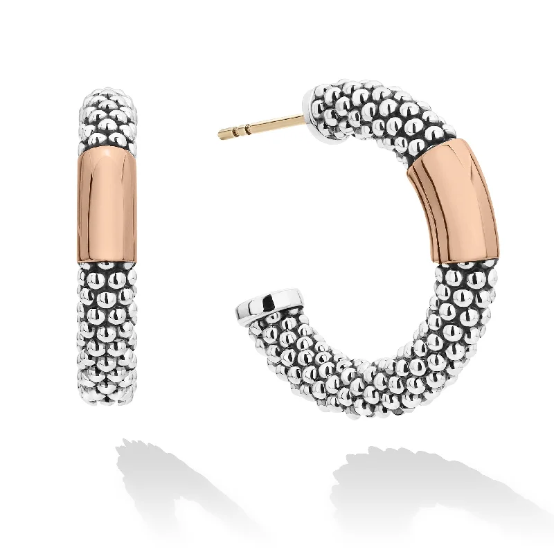 Women’s large statement earrings-High Bar Rose Gold Station Caviar Hoop Earrings