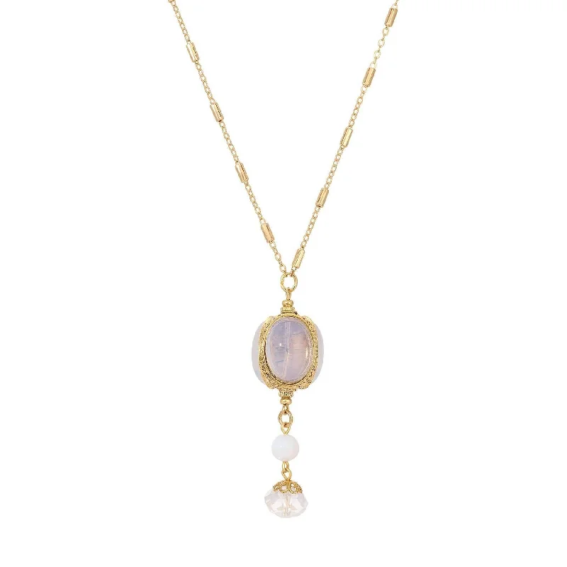 Women’s minimalist gold necklace-1928 Jewelry White Crystal Opal Stone 3 Sided Spinner Drop Necklace 28"