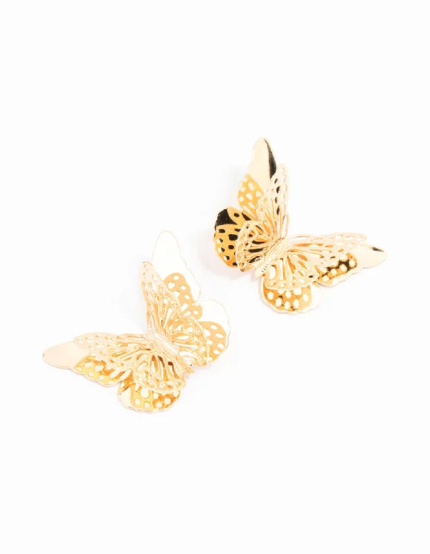 Women’s halo diamond earrings-Gold Multi Layered Butterfly Stud Earrings