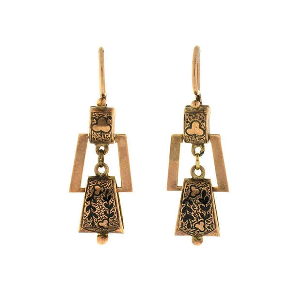 Women’s clip-on gold earrings-Victorian 14kt Hanging Tracery Enamel Earrings