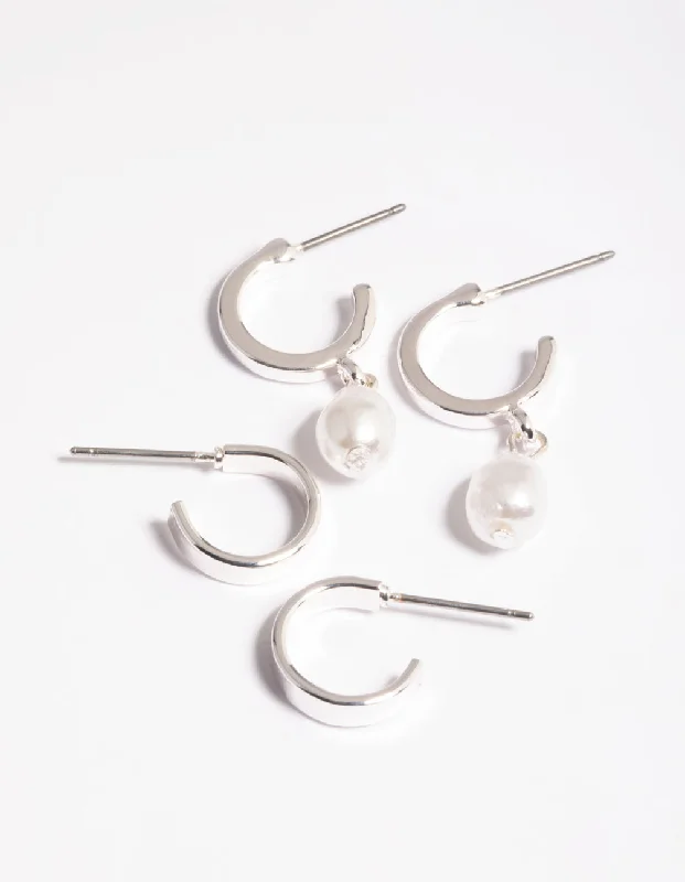 Women’s large statement earrings-Silver Simple Pearl Huggie Earrings Pack