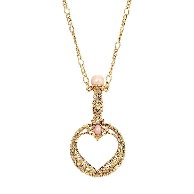 Women’s vintage pendant necklace-1928 Jewelry Rosabella Oval Raspberry Faux Pearl Magnifying Glass Necklace 30" - Magnification Power: 1-2X