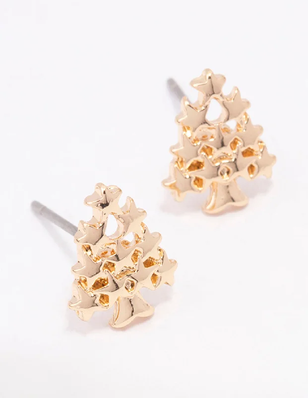 Women’s colorful earrings-Gold Plain Christmas Tree Stud Earrings