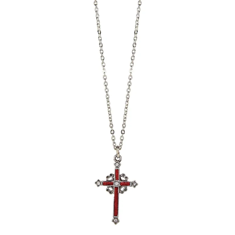 Women’s birthstone pendant necklace-Symbols Of Faith Pewter Hand Enamel Cross With Crystals Pendant Necklace 18"