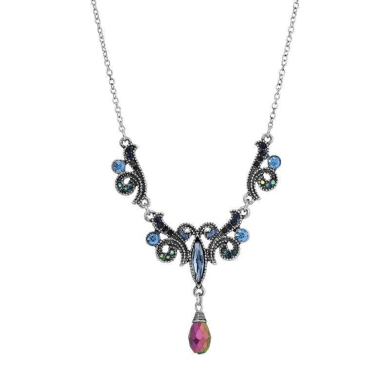 Women’s birthstone pendant necklace-Regency Giovane Iridescent AB Crystal & Blue Stone Drop Pendant Necklace 16" + 3" Extender