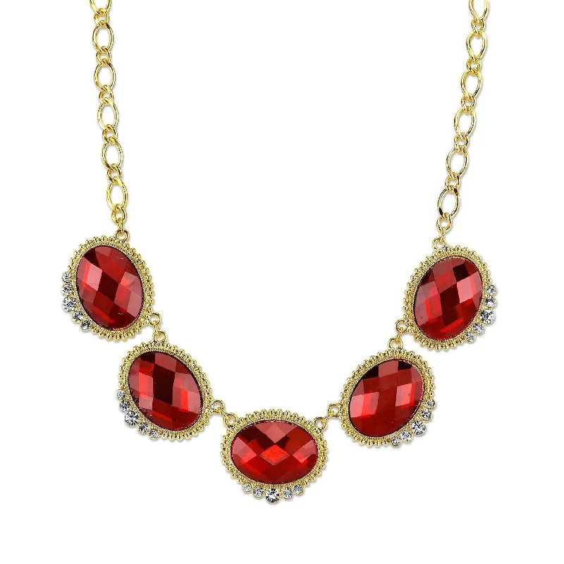 Women’s black diamond necklace-2028 Jewelry Red With Crystal Accent Oval Faceted Station Collar Necklace 16" + 3" Extender