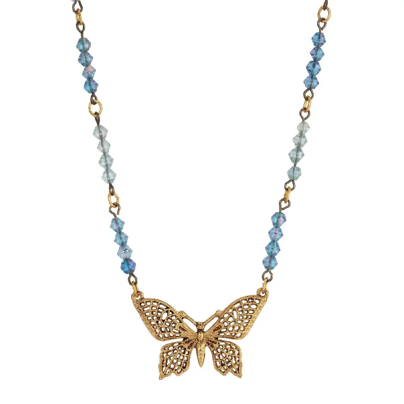 Women’s gold necklace-1928 Jewelry Sapphire AB Blue Crystal Butterfly Pendant Necklace 16" + 3" Extender