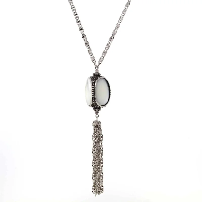 Women’s charm necklace-1928 Jewelry Pewter Costume Mother Of Pearl 3 Sided Spinner Tassel Necklace 30"