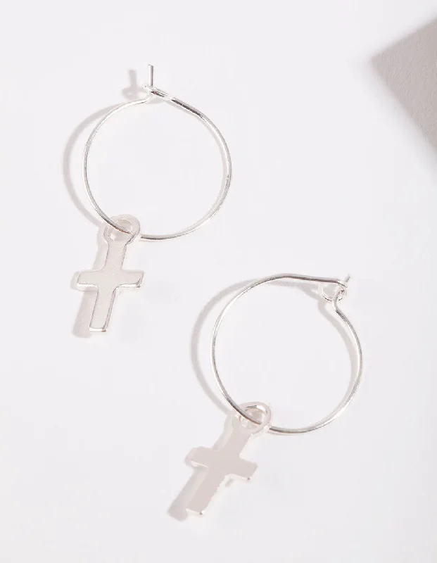 Women’s zirconia drop earrings-Silver Cross Hoop Earrings