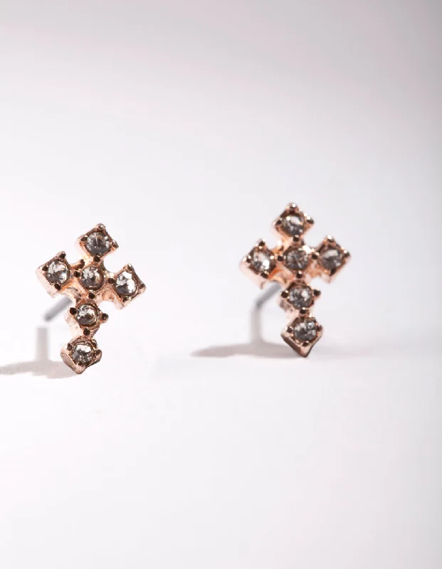 Women’s pearl earrings-Rose Gold Mini Diamante Cross Earrings