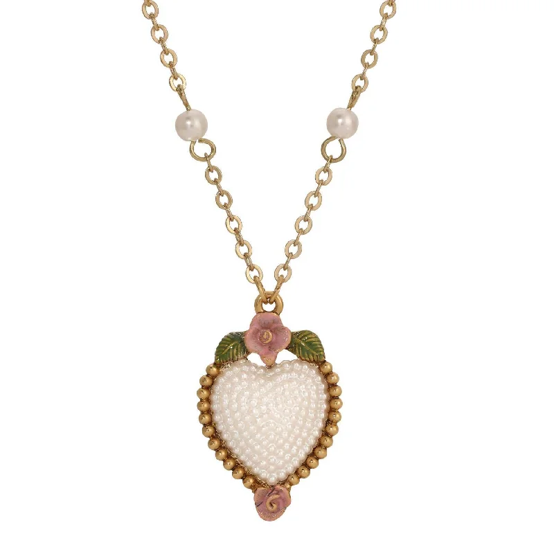 Women’s long chain necklace-1928 Jewelry Pearly Eden Pink Rose Enamel Faux Pearl Heart Pendant Necklace 16" + 3" Extender