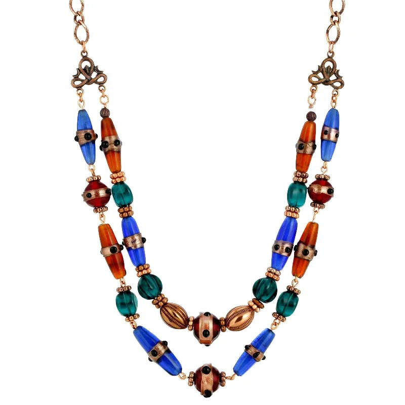 Women’s long chain necklace-1928 Jewelry Bohemian Multi Color Double Stranded Necklace 20"