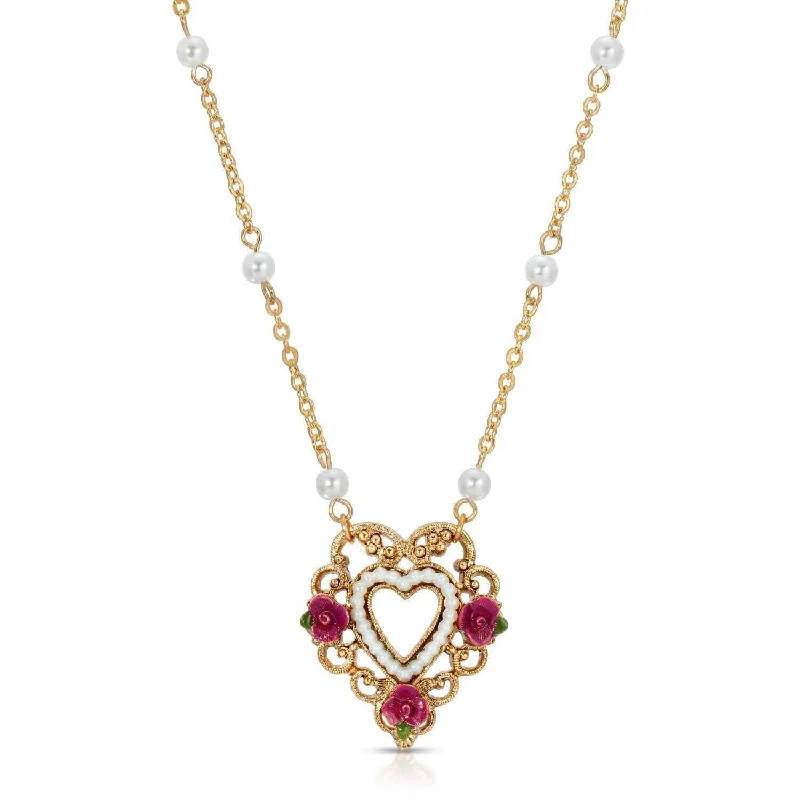 Women’s heart pendant necklace-1928 Jewelry Pink Enamel Flower Faux Pearl Rimed Open Heart Pendant Necklace 16"