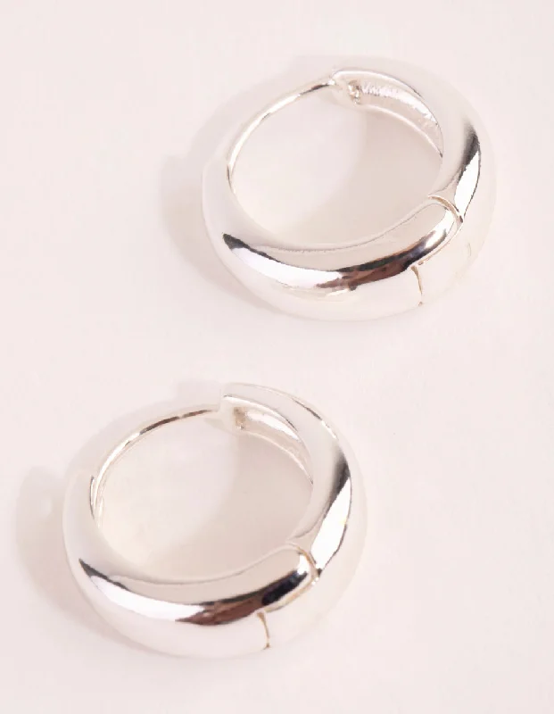 Women’s vintage diamond earrings-Silver Plain Chubby Huggie Earrings