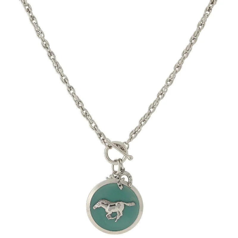 Women’s sterling silver chain necklace-1928 Jewelry Turquoise Color Enamel Horse Pendant Toggle Necklace 18"