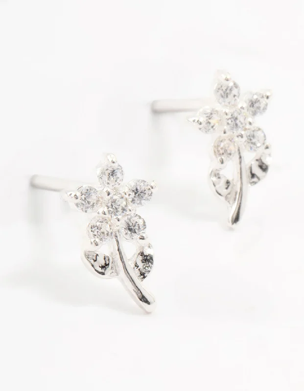 Women’s chic gold earrings-Sterling Silver Cubic Zirconia Flower Stem Earrings