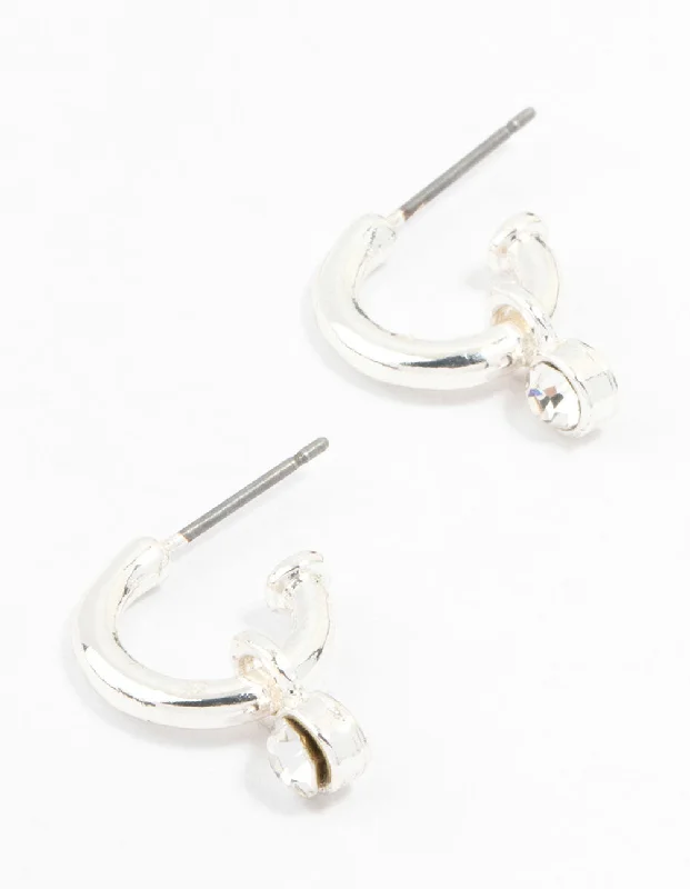 Women’s heart-shaped stud earrings-Simple Silver Diamante Huggie Charm Earrings