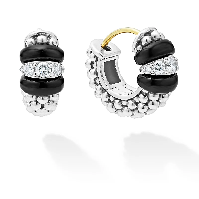 Women’s sapphire earrings-Black Caviar Ceramic and Diamond Huggie Earrings