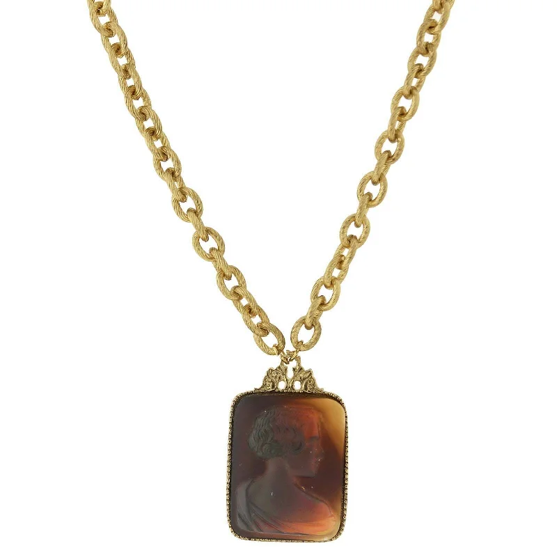 Women’s minimalist gold necklace-2028 Jewelry Tortoise Intaglio Victorian Glass Square Pendant Necklace 18" + 3" Extender