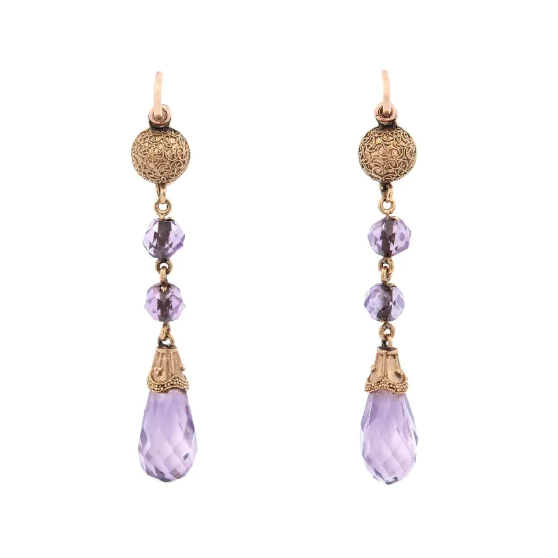 Women’s silver earrings-Victorian 14k Etruscan Faceted Amethyst Drop Earrings