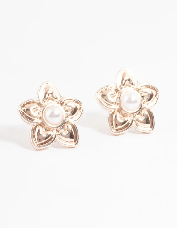 Women’s gemstone drop earrings-Rose Gold Pearl Flower Stud Earrings