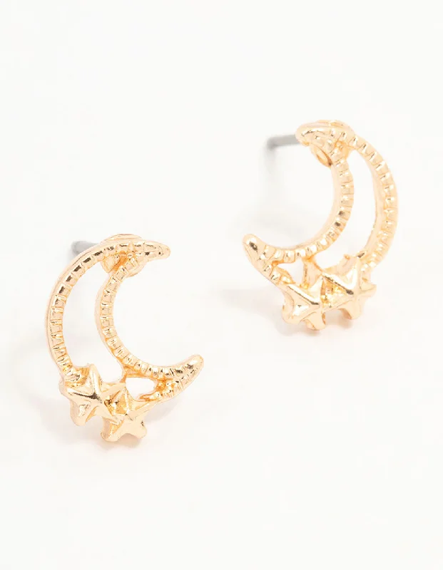 Women’s sterling silver earrings-Gold Stapled Moon & Star Stud Earrings